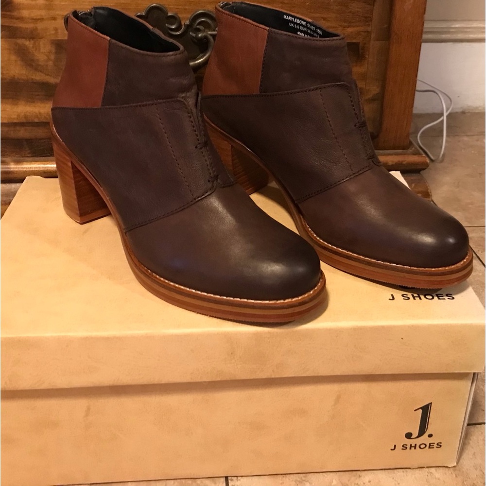 New j shoes brown leather ankle boots shoes booties chunk heel size 8